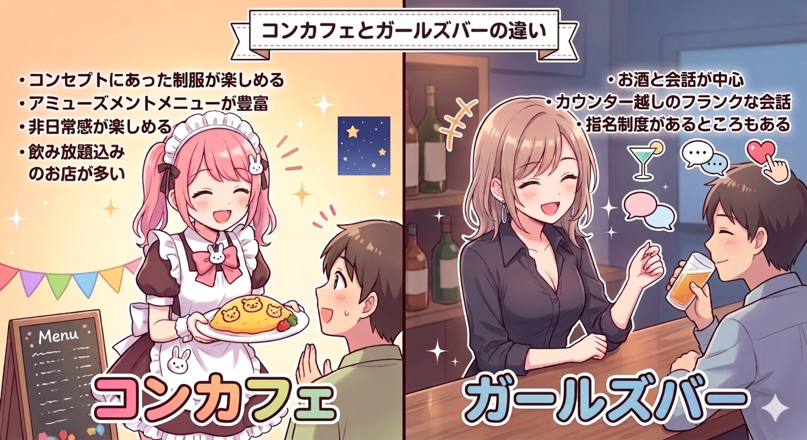 赤坂のコンカフェとガールズバーの違いを紹介するイメージ