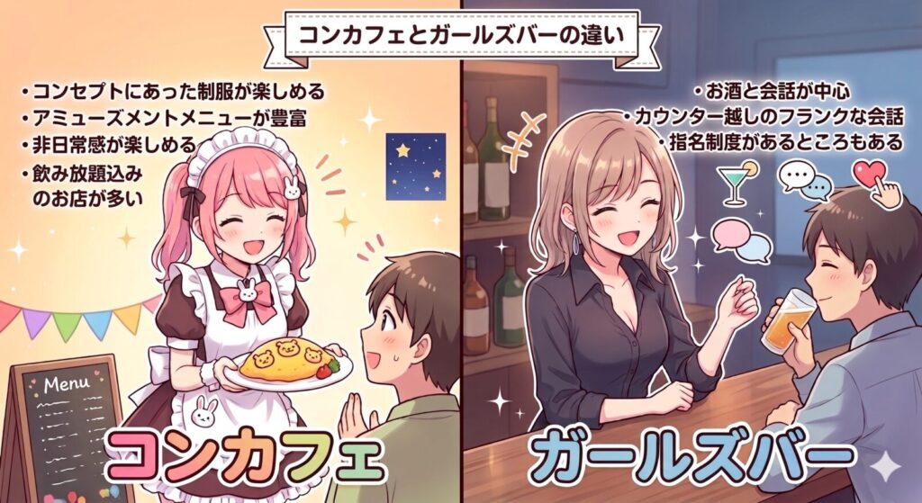 コンカフェとガールズバーの違い
コンカフェ

コンセプトにあった制服が楽しめる

アミューズメントメニューが豊富

非日常感が楽しめる

飲み放題込みのお店が多い



ガールズバー

お酒と会話が中心

カウンター越しのフランクな会話

指名制度があるところもある